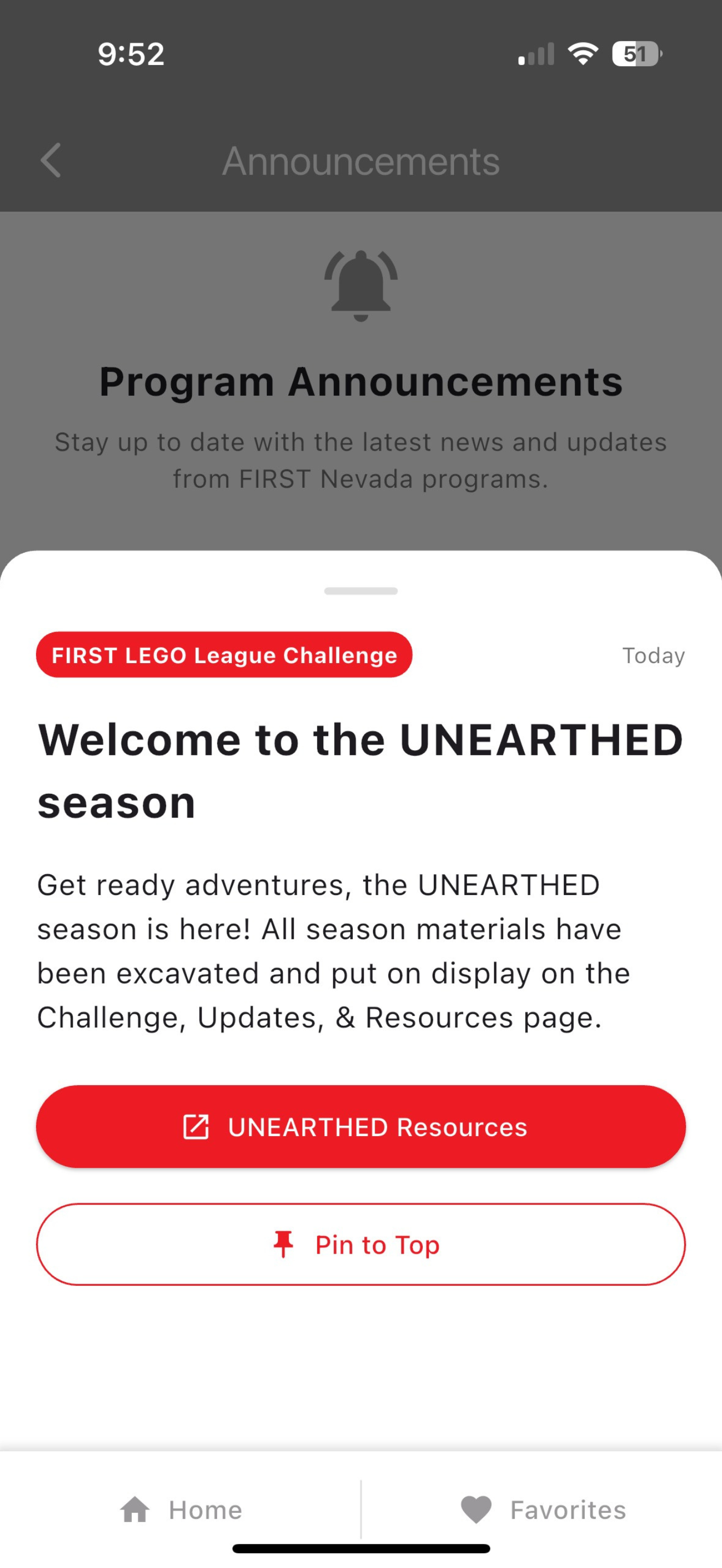 FIRST Nevada App Announcements Screen